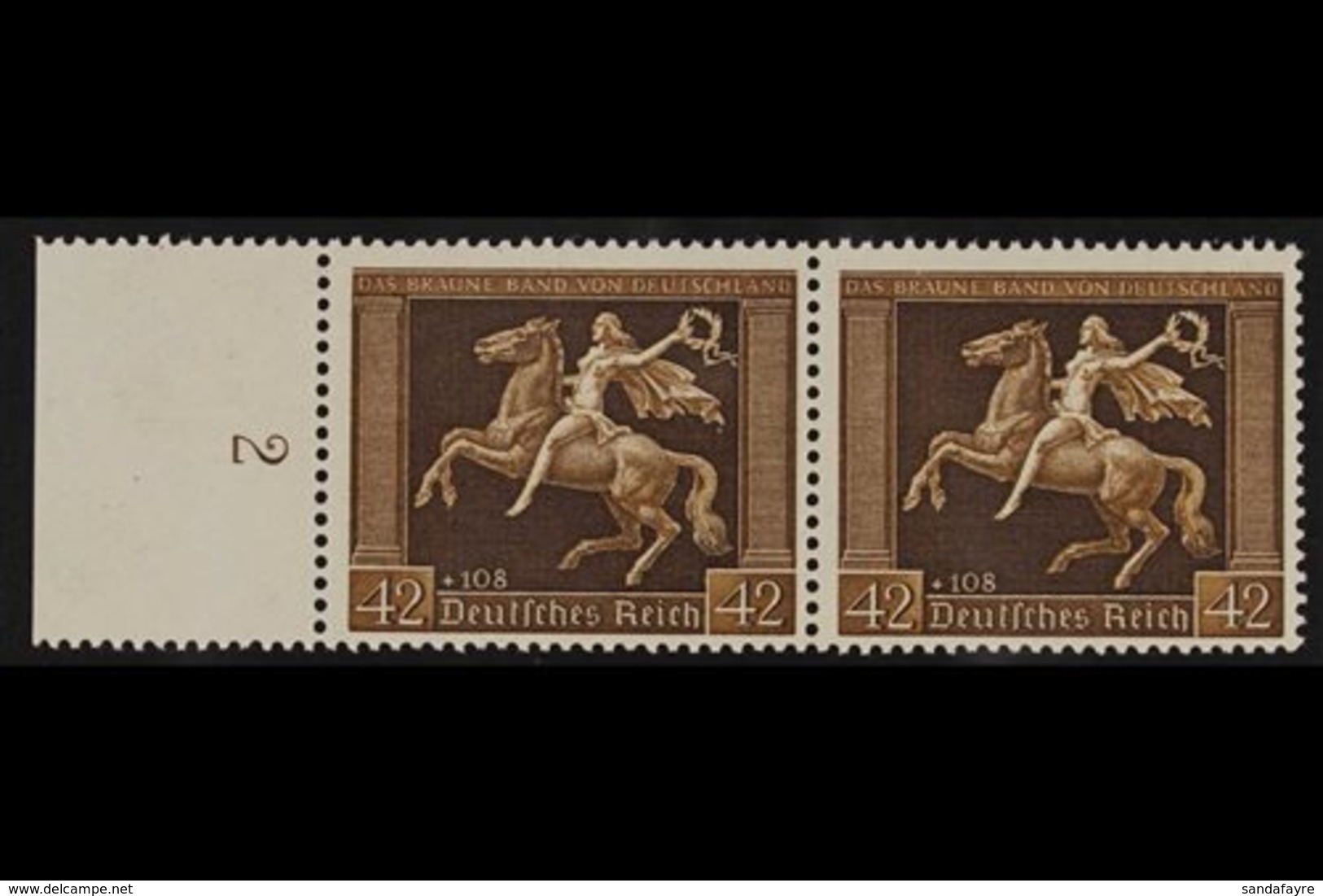 1938 42pf Brown Ribbon (Michel 671y, SG 659), Left Marginal HORIZONTAL PAIR, Very Fine Never Hinged Mint. For More Image - Otros & Sin Clasificación