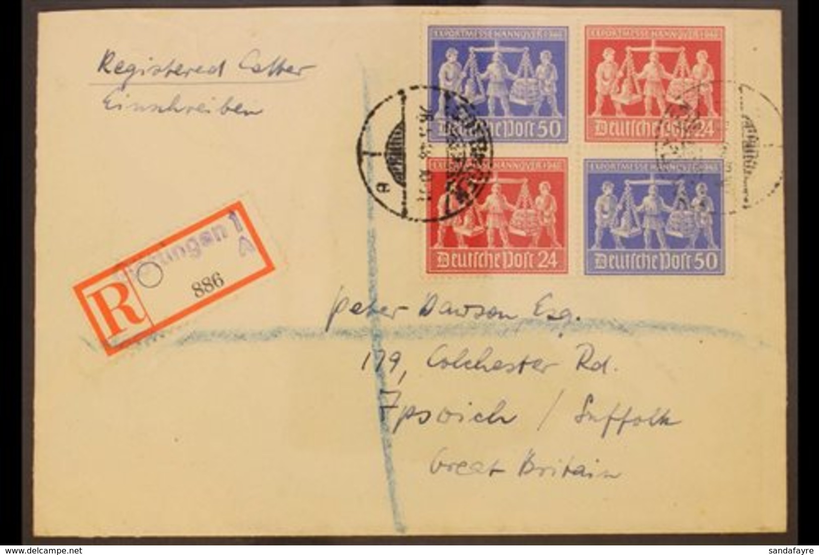 GENERAL ISSUES 1948 Hannover Fair Se-tenant Block Of 4 (Michel V Zd 1), Fine Used On Registered Cover From Gottingen To  - Otros & Sin Clasificación