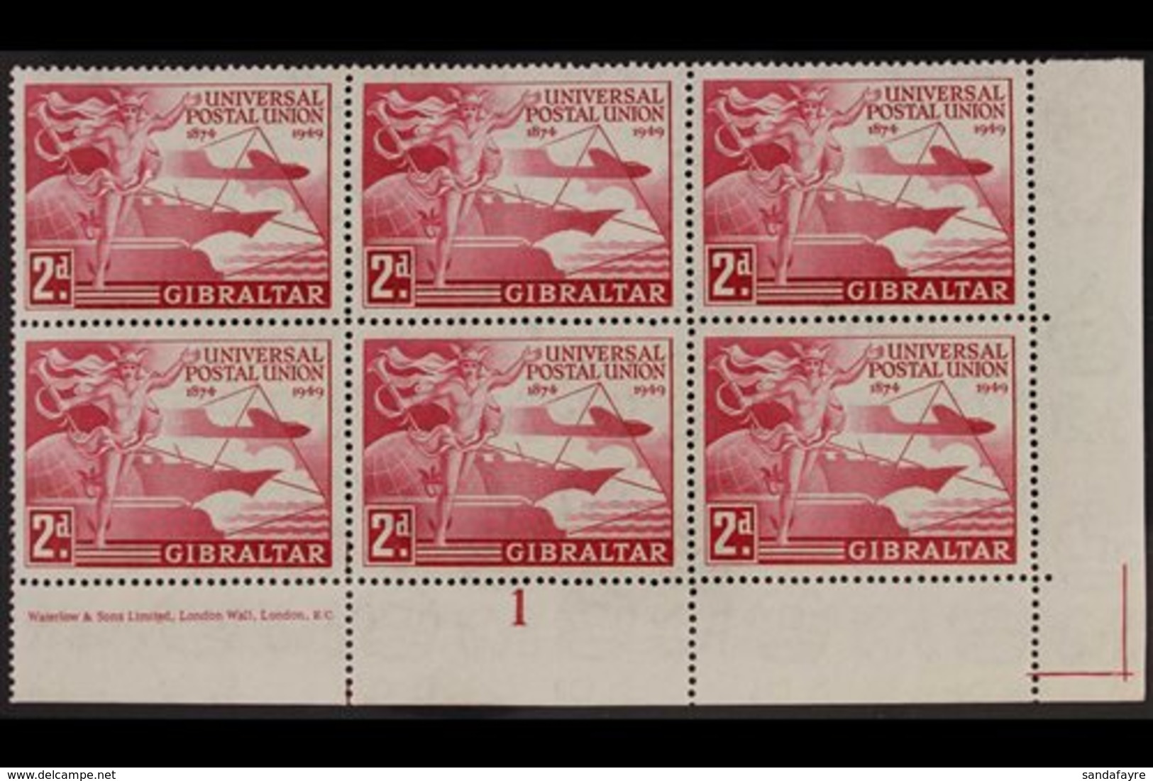 1949 UPU VARIETY - NEW DISCOVERY. 2d Carmine Universal Postal Union, SG 136, Superb Mint Lower Left Corner Plate 1 And I - Gibilterra