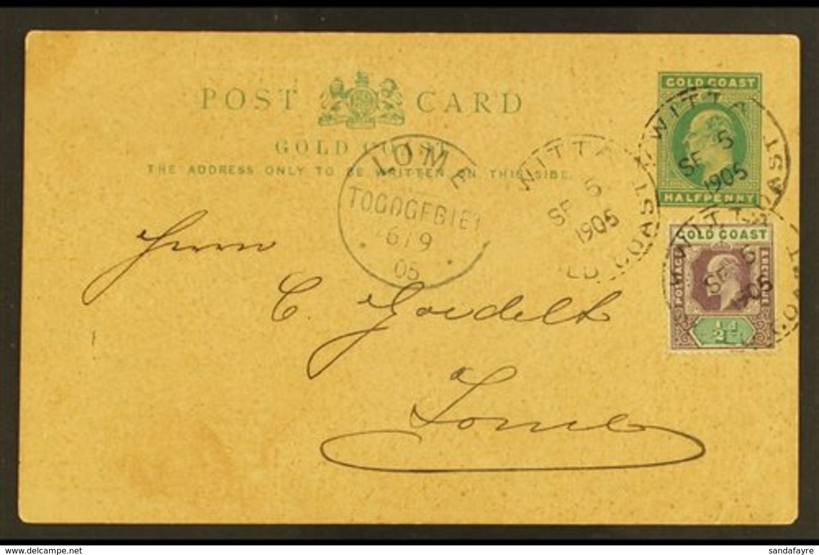 1905 (5 Sep) ½d Postal Stationery Postcard Uprated With ½d KEVII Stamp, Addressed To Lome (German Togo), Bearing "Kwitta - Costa D'Oro (...-1957)