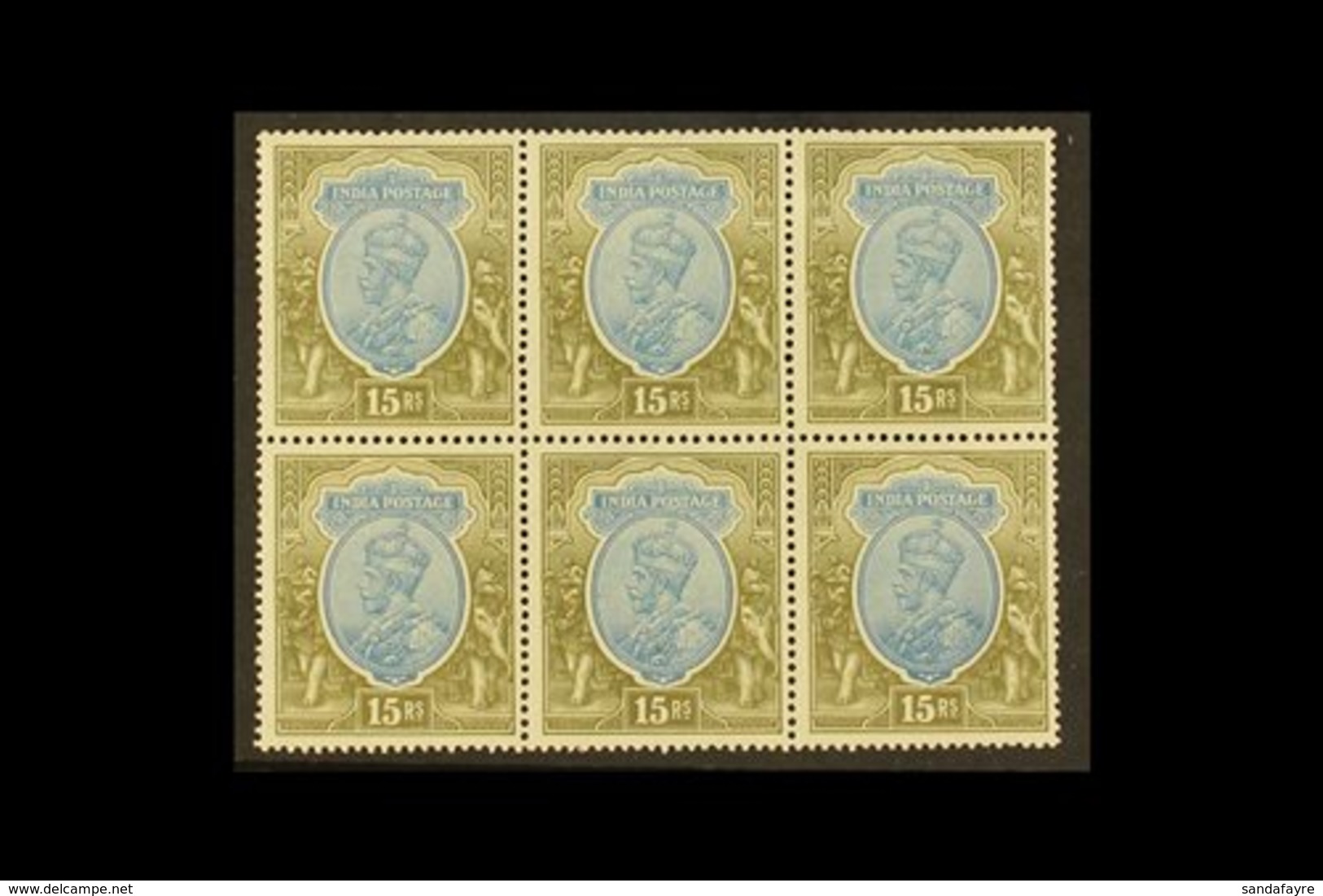 1926-33 15r Blue And Olive, Wmk Multiple Stars Upright, SG 218, Mint BLOCK OF SIX, All Never Hinged, Some Mild Gum Disco - Other & Unclassified