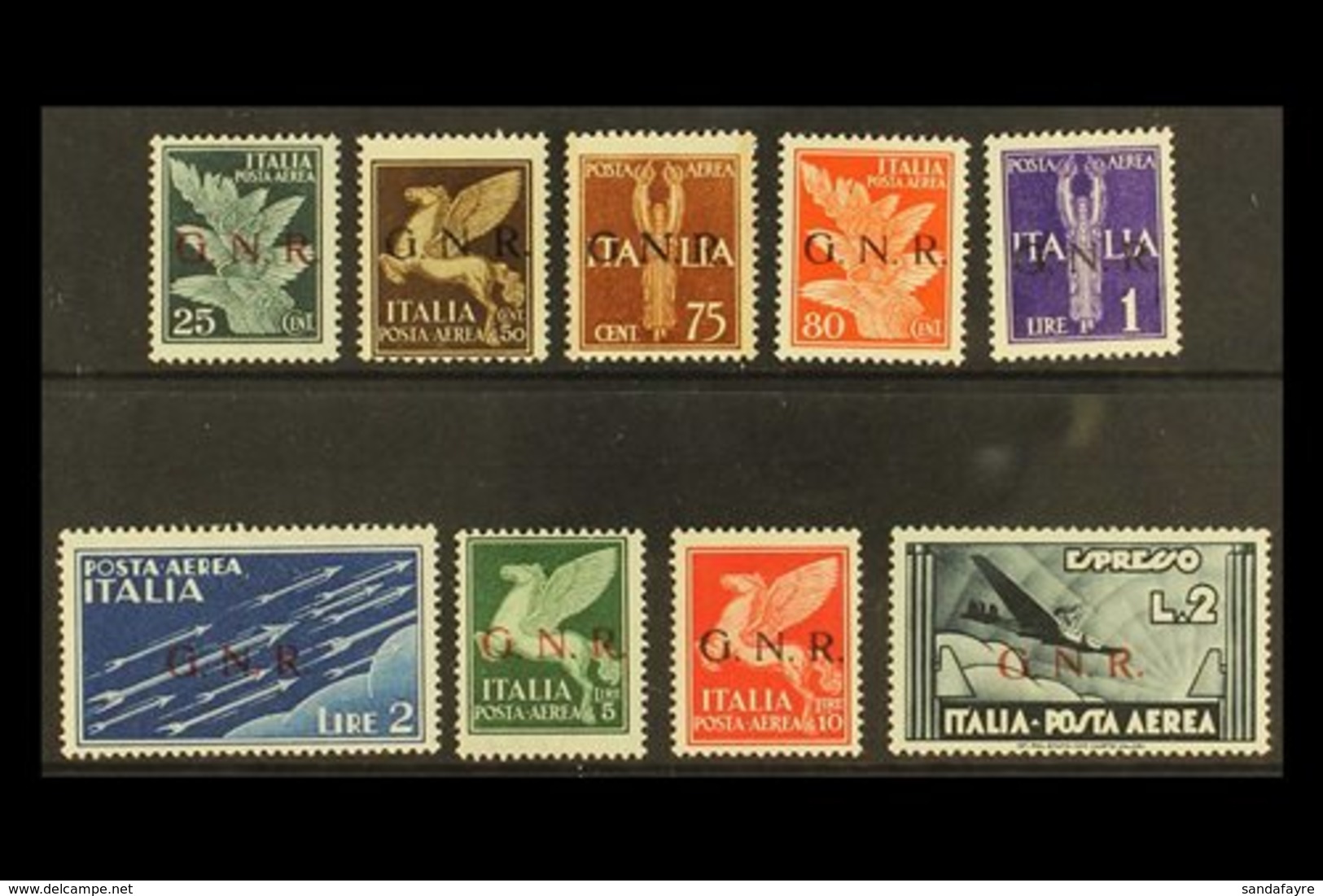 SOCIAL REPUBLIC AIRMAILS 1944 "G.N.R." Overprints, Complete Set Incl. 2L Express Stamp, Sassone 117/25, Mi 35 I/43 I, Mi - Non Classificati
