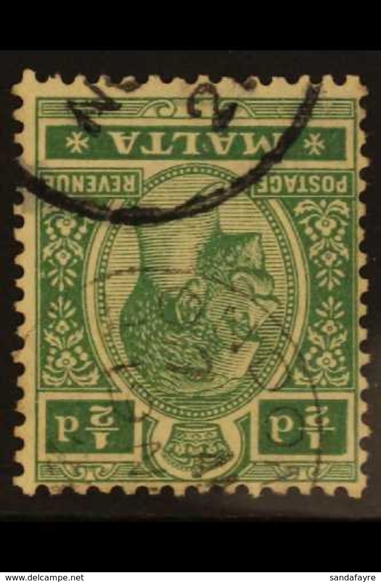 1914-21 KGV ½d Deep Green, Watermark Mult Crown CA INVERTED, SG 71aw, Fine Used. Scarce! For More Images, Please Visit H - Malta (...-1964)