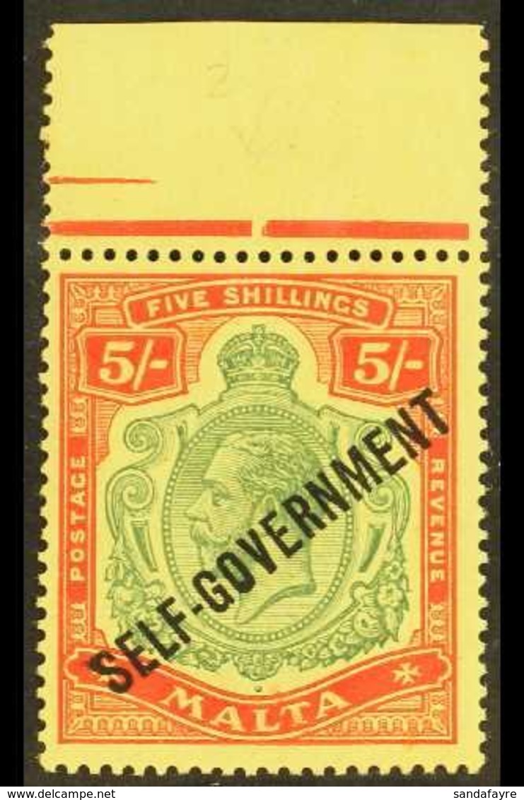 1933 5s Green And Red On Yellow Ovptd Self Government, SG 113, Superb Marginal NHM. For More Images, Please Visit Http:/ - Malta (...-1964)