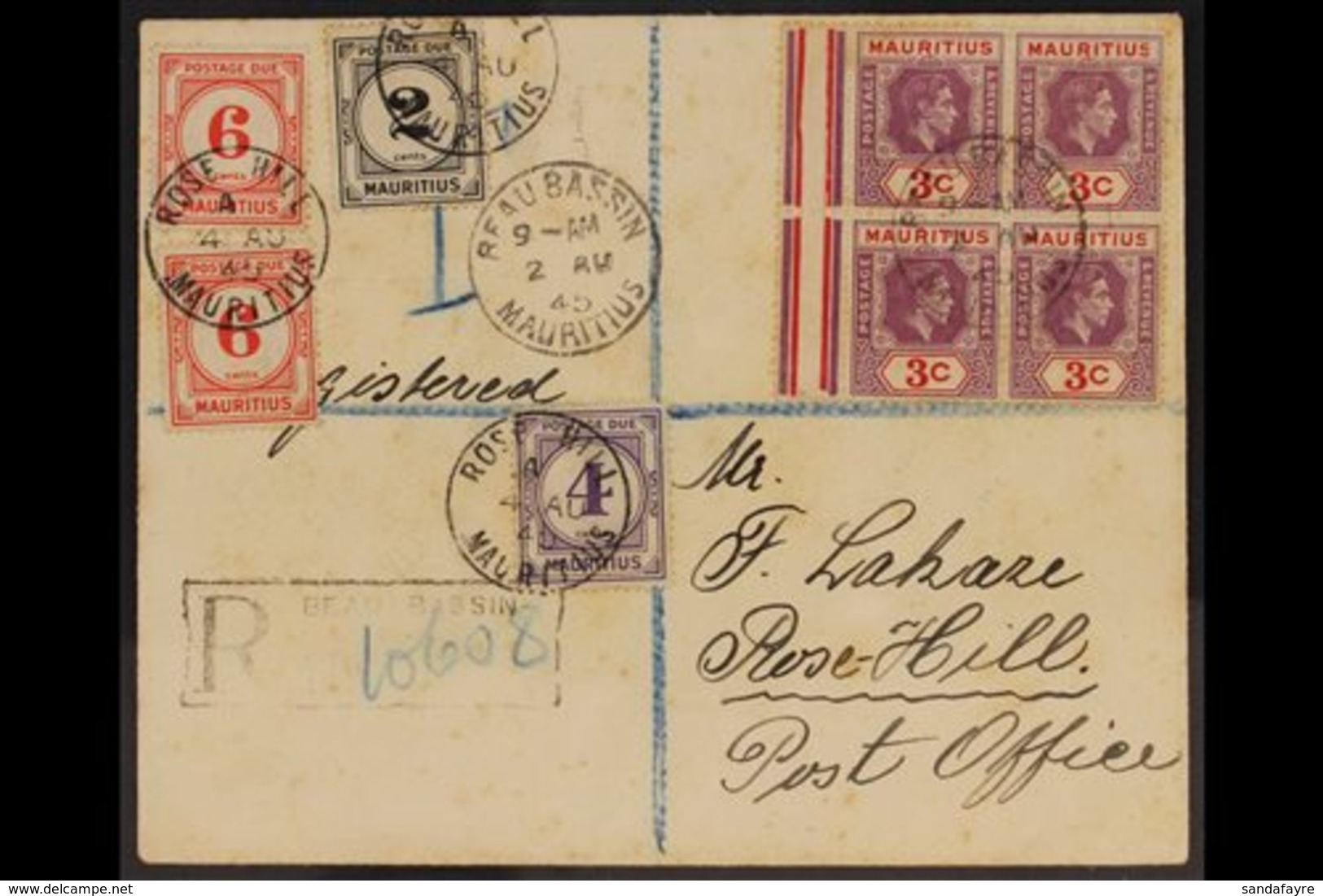 1945 (2 Aug) Env Registered From Beau Bassin To Rose Hill Bearing A Block Of 4 X 3c Reddish Purple & Scarlets With The T - Mauritius (...-1967)