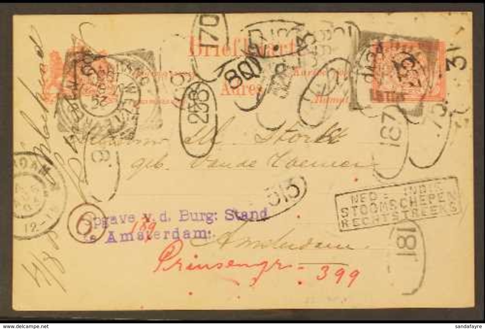 NETHERLANDS INDIES 1903 5c Postal Stationery Card Addressed To Amsterdam, Much Redirected And Showing About TWENTY FIVE  - Otros & Sin Clasificación