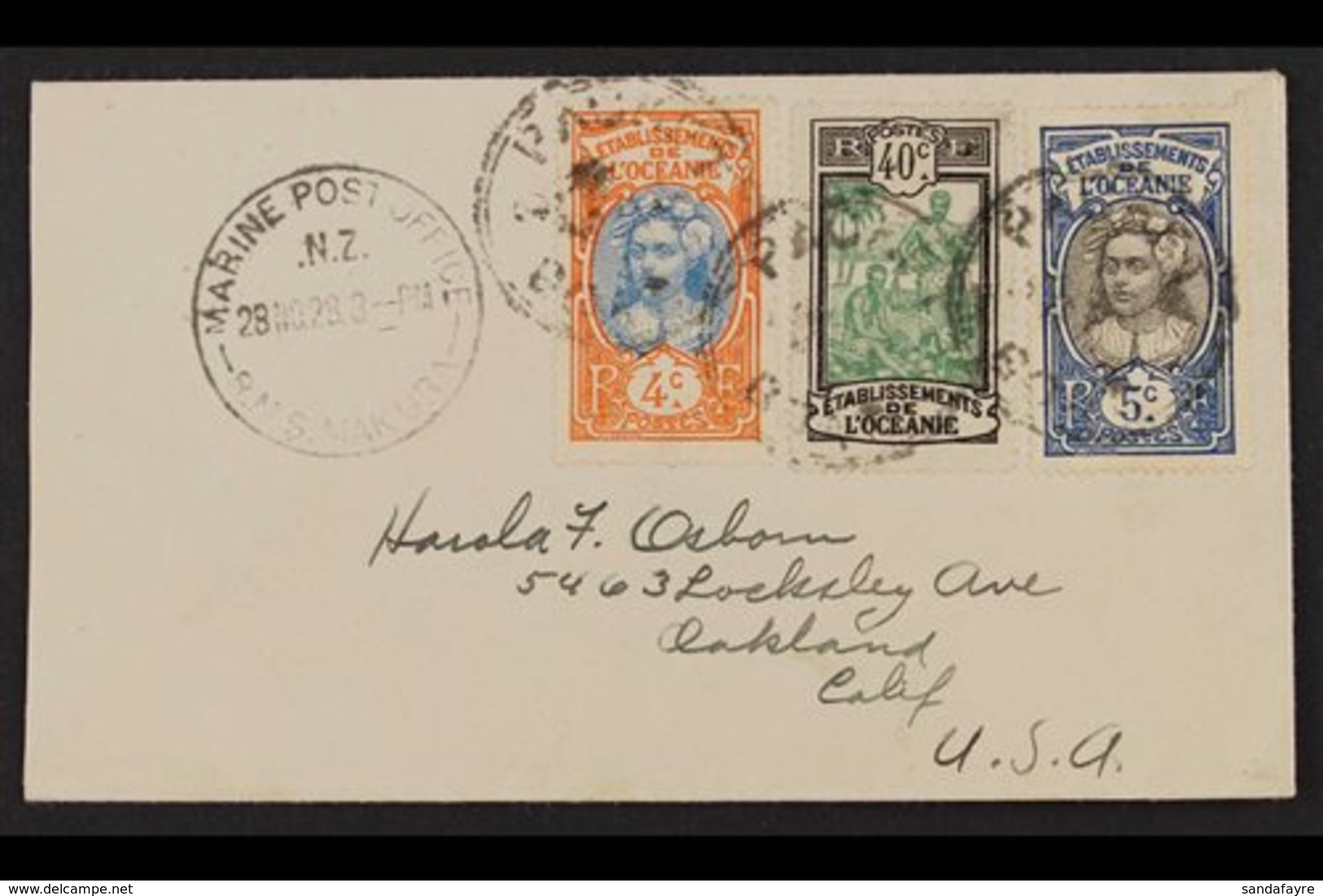1928 Envelope To USA, Bearing French Oceanie 4c, 5c And 40c Tied By Double Ring Circular "PACKET BOAT", And With Marine  - Otros & Sin Clasificación