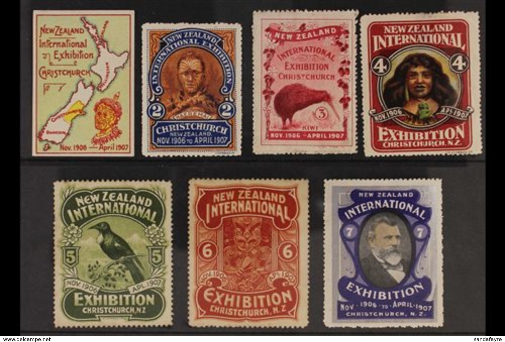 CINDERELLAS 1906-07 Christchurch Exhibition Labels, Seven Different Designs, One Label Is Imperforate, Others Perforated - Otros & Sin Clasificación