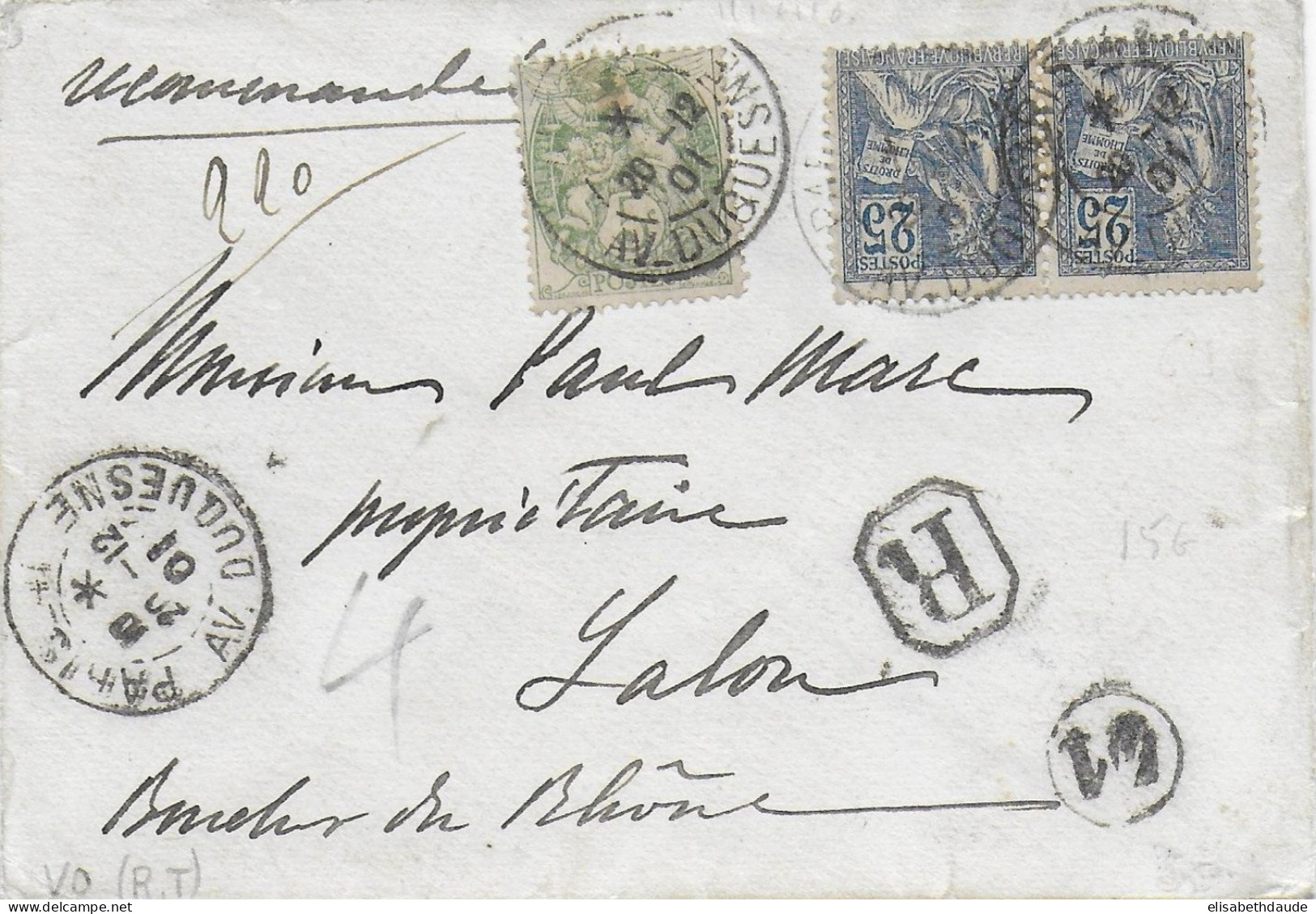 1901 - MOUCHON En PAIRE + BLANC Sur ENVELOPPE RECOMMANDEE De PARIS => SALON - 1900-02 Mouchon