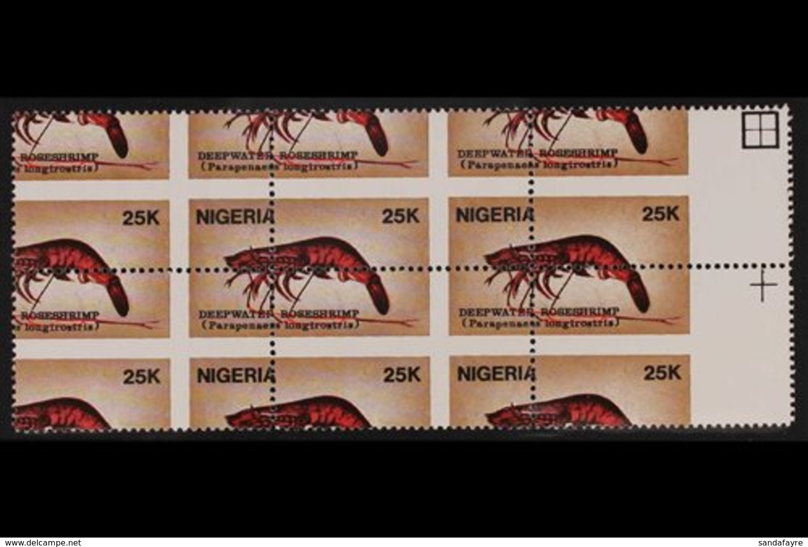 1988 25k Shrimps, SG 562, Superb Never Hinged Mint BLOCK Of 4 With Spectacular PERFORATION ERROR - Perforation Misplaced - Nigeria (...-1960)