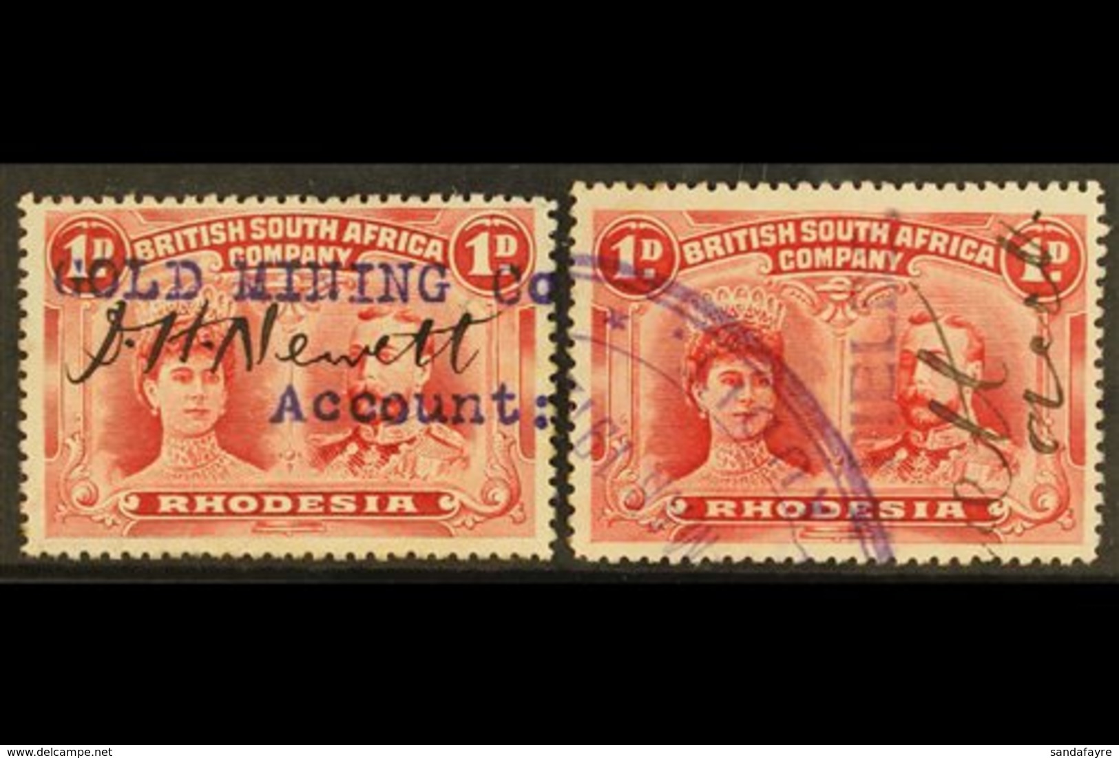 GOLD MINING 1910-13 1d Carmine Double Heads, Fiscally Used Circa 1912, With "Gold Mining Co" And "Goldfields" Overprint/ - Otros & Sin Clasificación