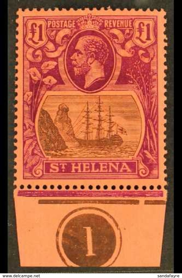 1922 £1 Grey And Purple, SG 96, Very Fine Lightly Hinged Mint With PLATE NUMBER In Lower Margin. A Beauty. For More Imag - Isla Sta Helena