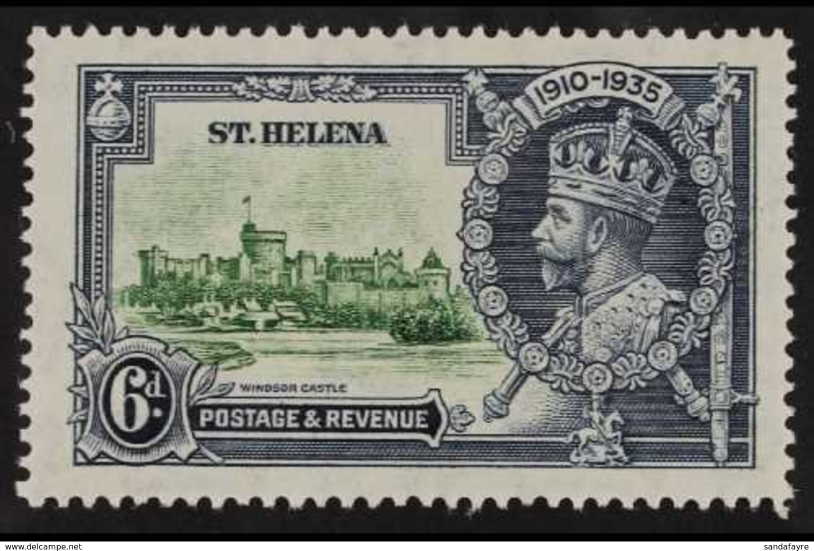 1935 6d Green And Indigo Silver Jubilee, Diagonal Line By Turret, SG 126f, Very Fine Mint. For More Images, Please Visit - Isla Sta Helena
