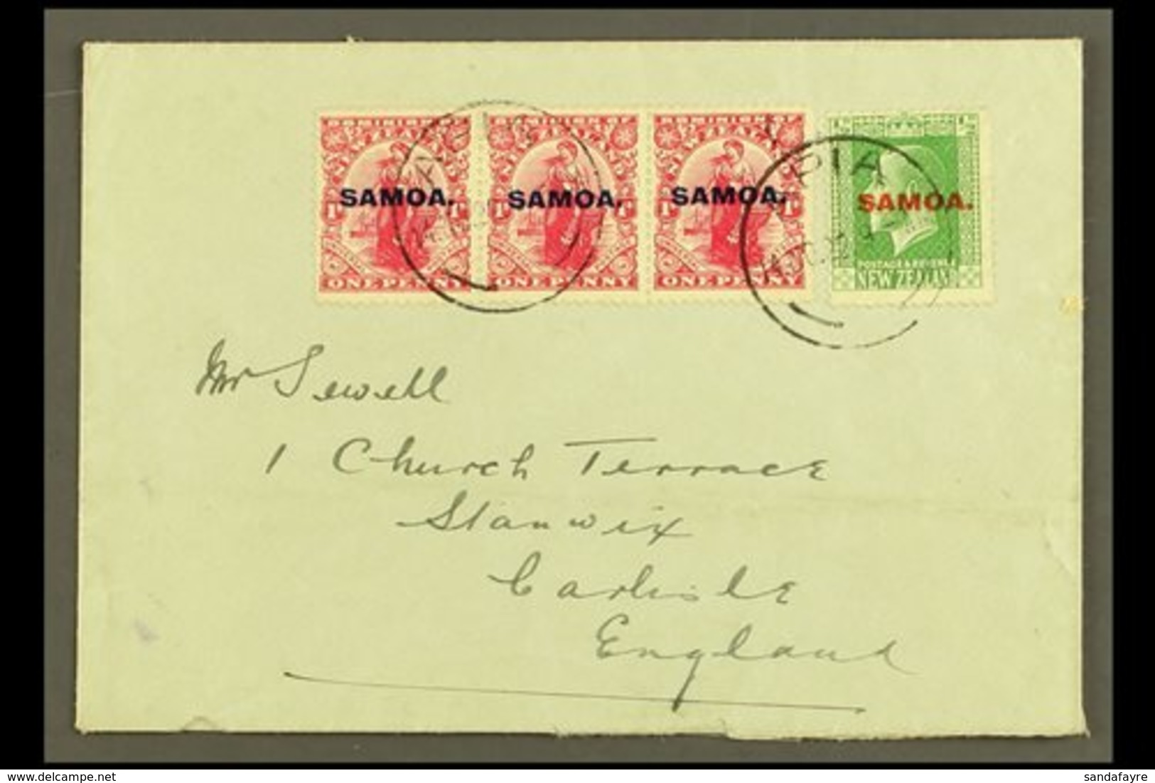 1922 Small, Plain Cover To England, Sent 3½d Rate, Franked 1d In A Strip Of 3 & KGV ½d , SG 116, 134, Apia 14.11.22 Post - Samoa