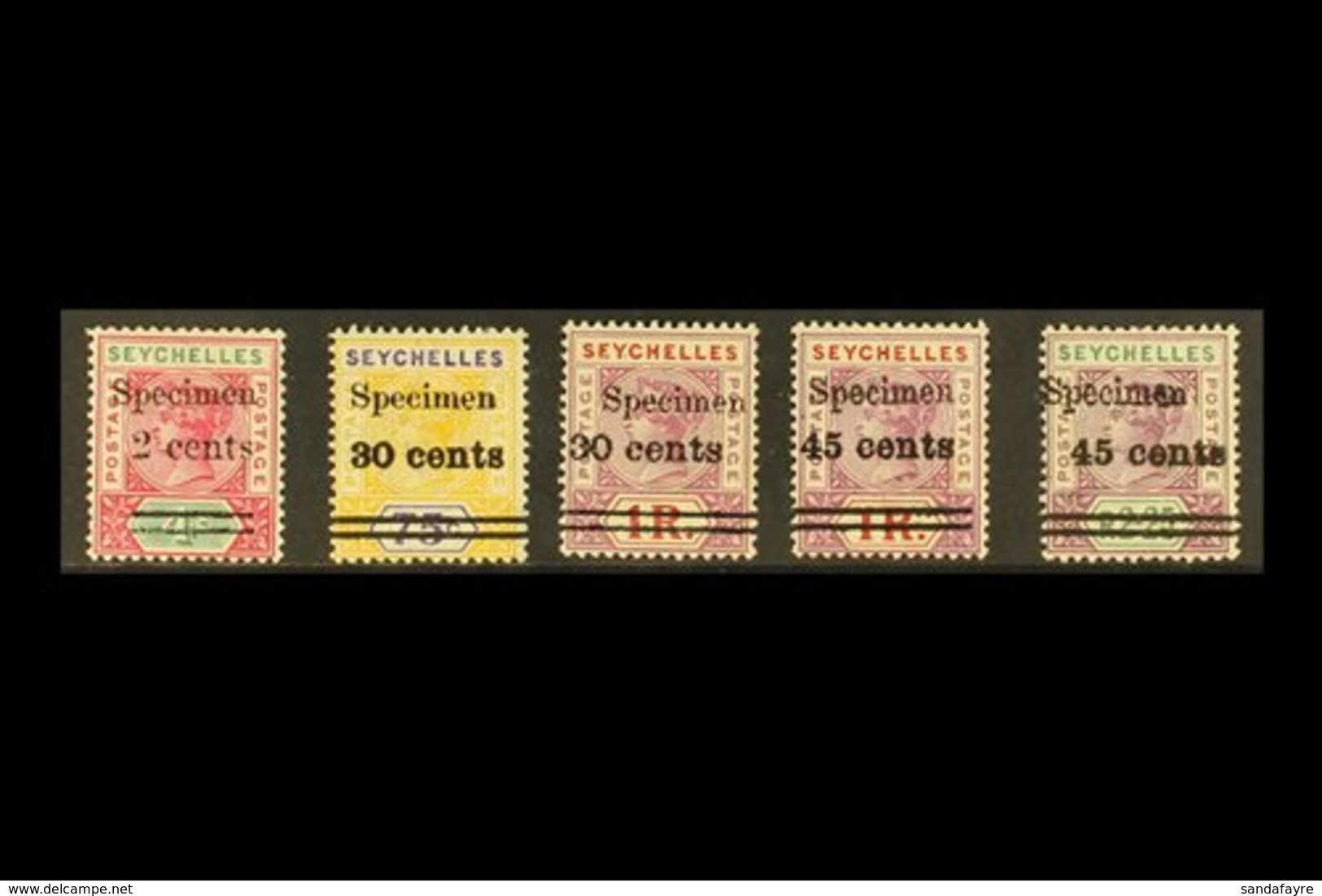1902 Surcharges Set Overprinted "SPECIMEN", SG 41/45s, Fine Mint. (5 Stamps) For More Images, Please Visit Http://www.sa - Seychellen (...-1976)