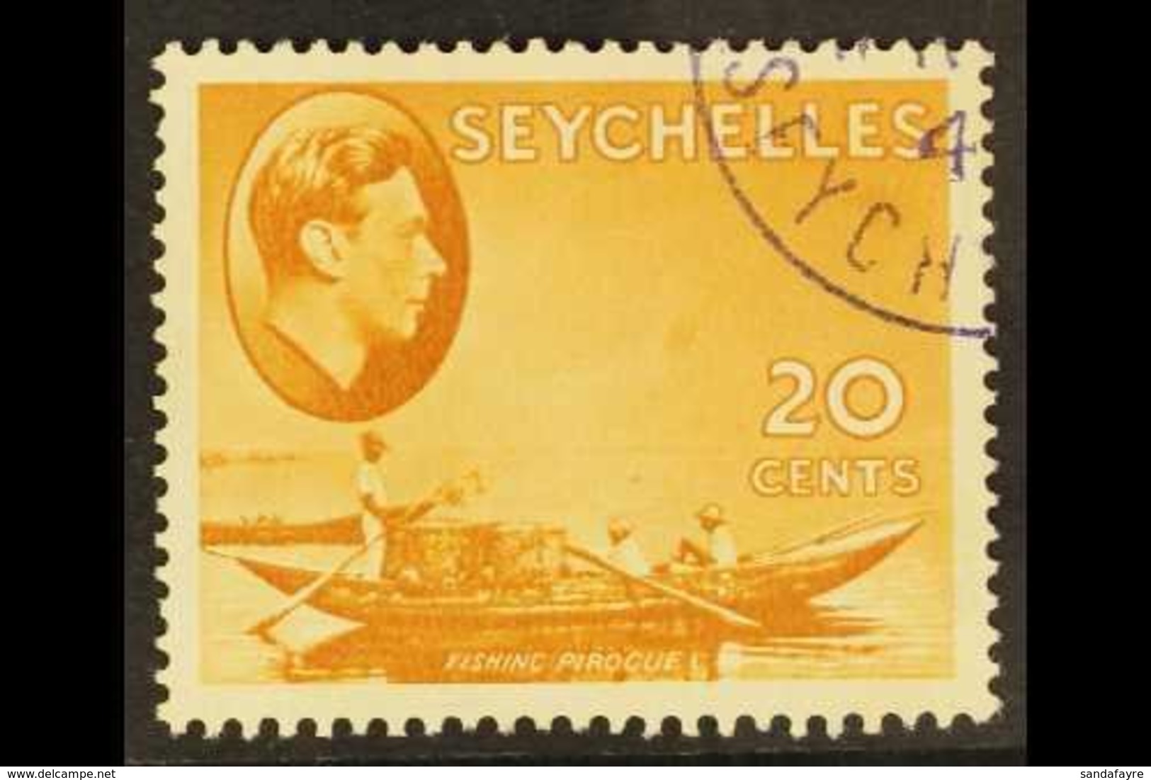 1938-49 20c Brown-ochre Chalky Paper 'HANDKERCHIEF' FLAW Variety, SG 140ab, Superb Cds Used, Very Fresh. For More Images - Seychellen (...-1976)