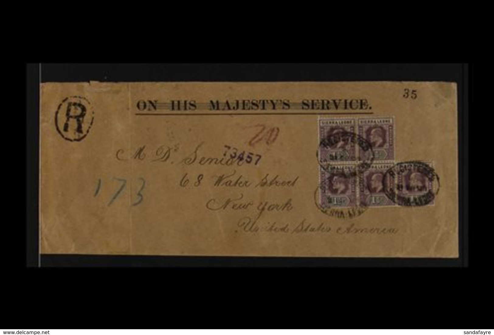 1905 OHMS COVER (Sept) Registered Cover To New York With OHM Obliterated By The Horizontal Bars, Bearing 1½d Chalky Pape - Sierra Leona (...-1960)