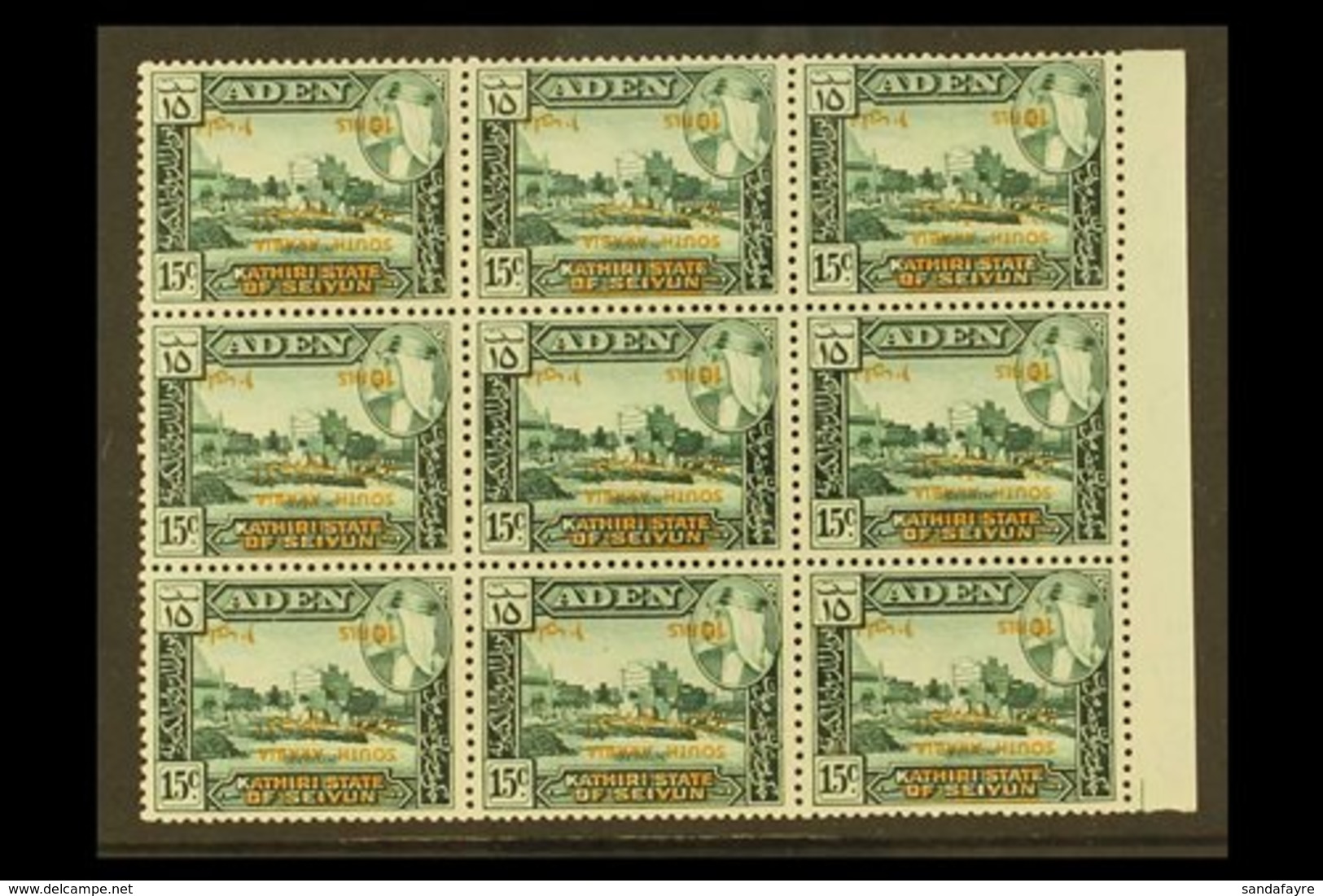 1966 10f On 15c Green Surcharge, Variety "Surcharge Inverted", SG 58a, Superb Marginal NHM Block Of 9. For More Images,  - Aden (1854-1963)