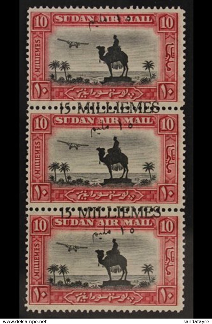 1935 15m On 10m Black & Carmine, Vertical Strip Of Three With SURCHARGE SHIFTED DOWNWARDS, SG 68, Fine Mint, Hinged On T - Soedan (...-1951)