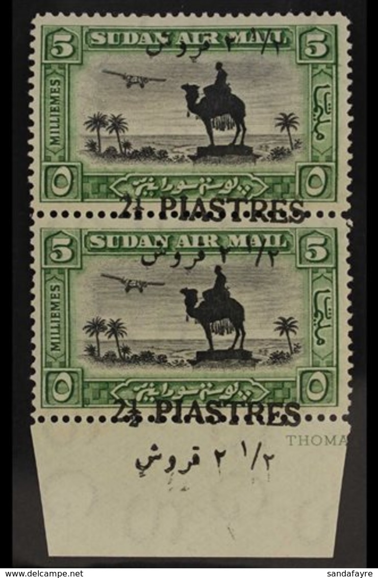1935 2½pi On 5m Black & Green, Lower Margin Vertical Pair With SURCHARGE SHIFTED DOWNWARDS (Arabic Above "2½ PIASTRES"), - Soedan (...-1951)