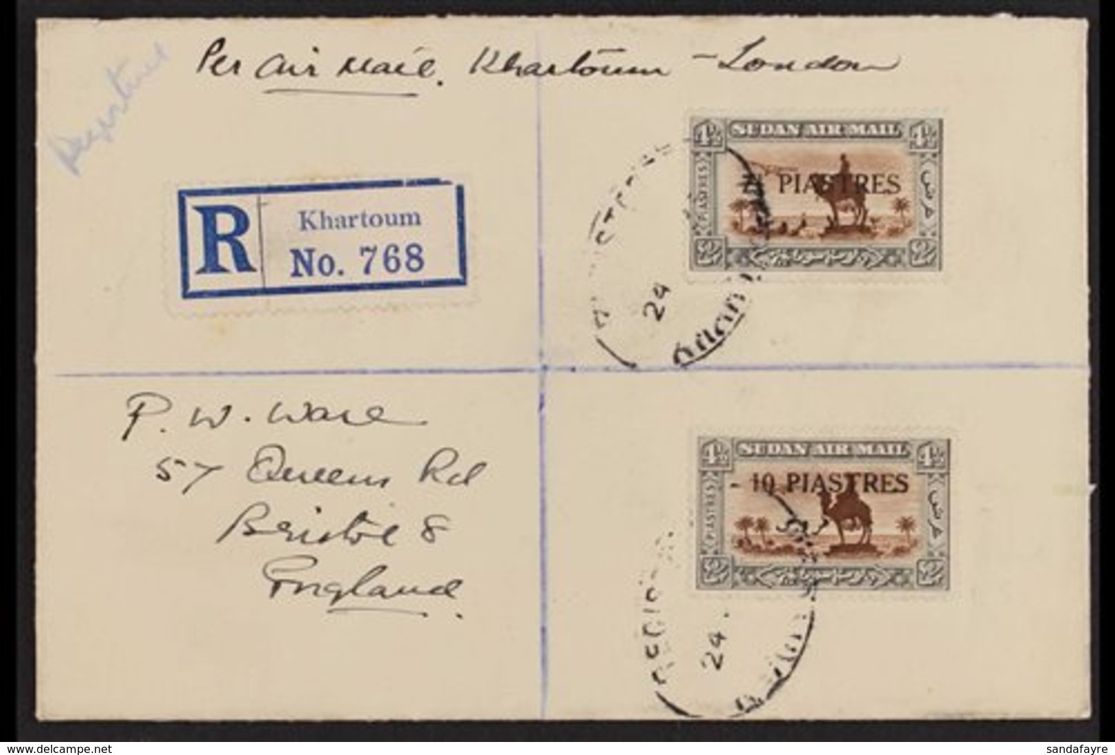 1935 7½pi On 4pi & 10pi On 4pi Used On Registered, Airmail Cover, 10pi With Joined "ES" In "PIASTRES," SG 72/3, Neatly C - Sudan (...-1951)