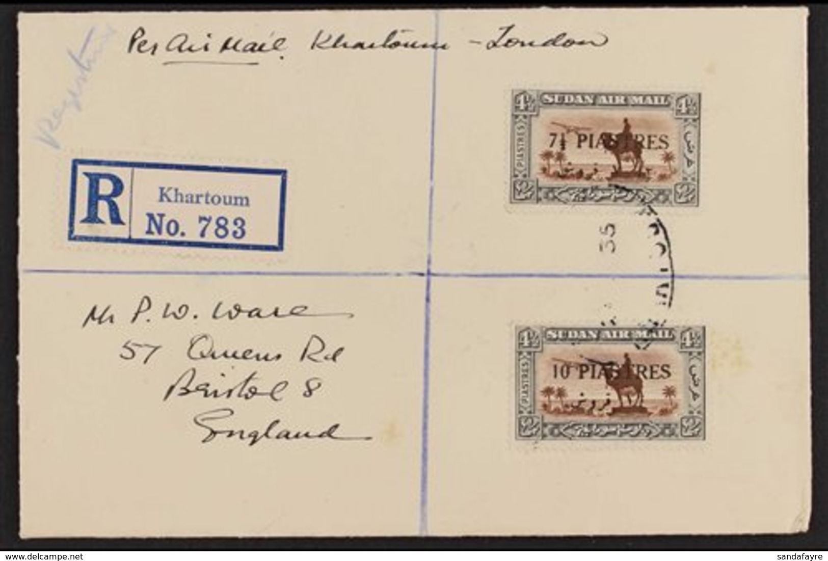 1935 7½pi On 4pi & 10pi On 4pi Used On Registered, Airmail Cover, 10pi With Serif Missing From Last  "S" In "PIASTRES,"  - Soedan (...-1951)