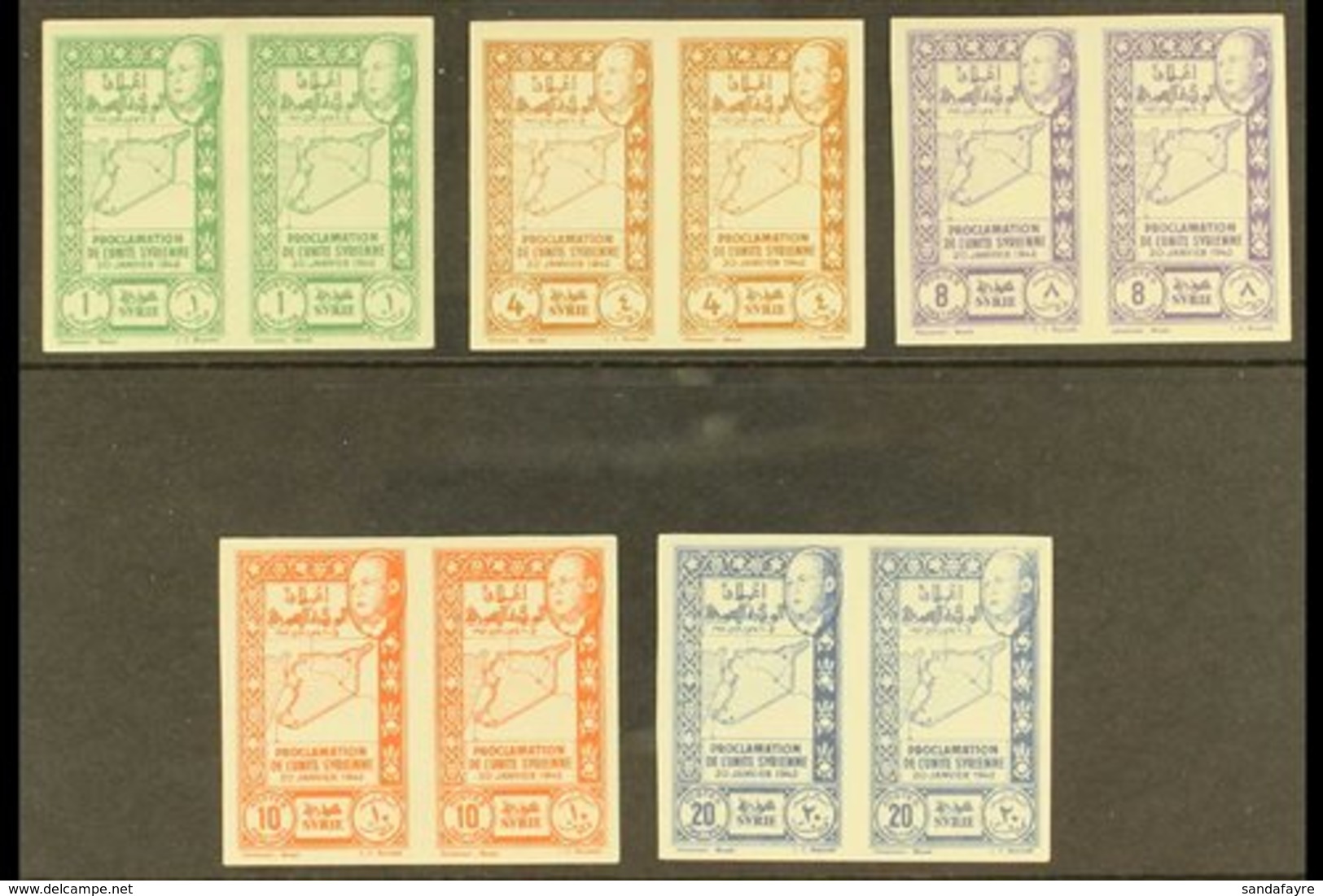 1943 Union Of Latakia & Jebel Druze With Syria - The Complete Postage Set (Maury 283/87, SG 367/71) In IMPERF PAIRS, Nev - Syrië