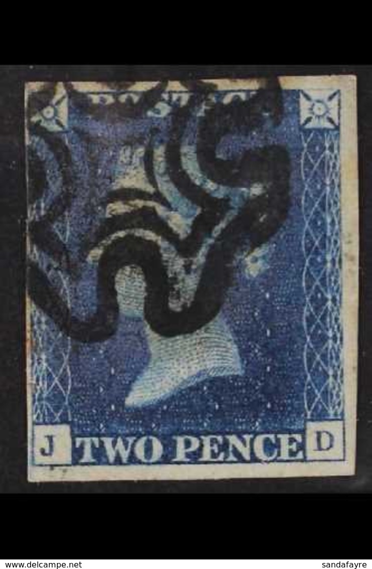 1840 2d Deep Full Blue, Lettered "J D", Plate 2, SG 4, Good Used With Four Margins And Black MX Cancellation. For More I - Other & Unclassified