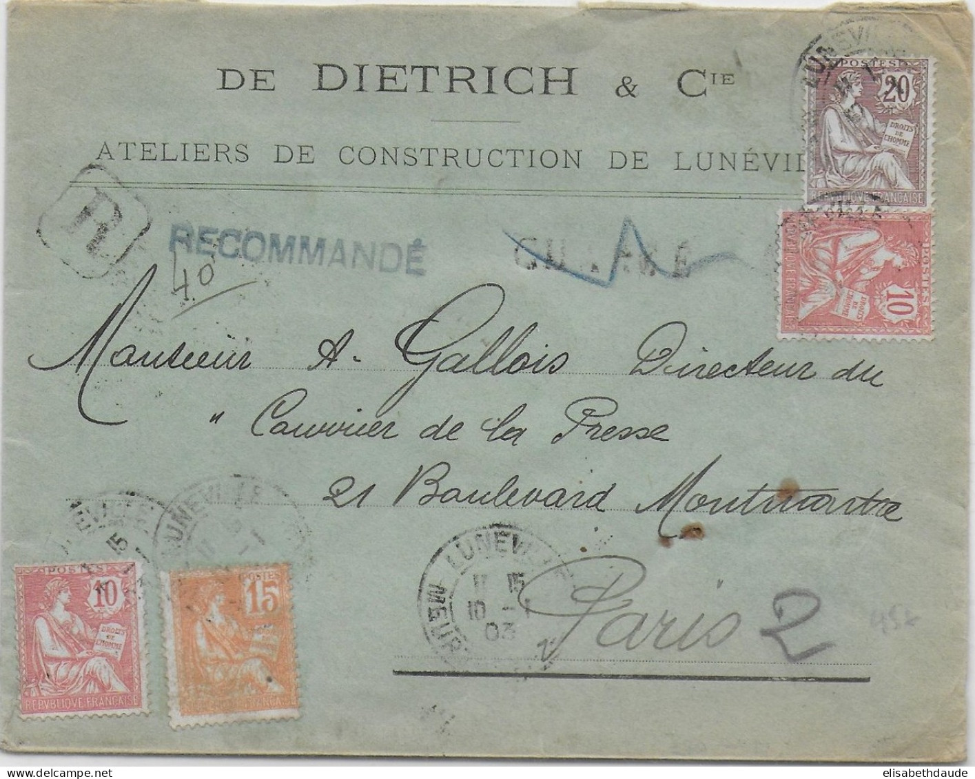 1903 - MOUCHON SUPERBE AFFR. Sur ENVELOPPE RECOMMANDEE De LUNEVILLE (MEURTHE ET MOSELLE) - CHARGE ANNULE - 1900-02 Mouchon