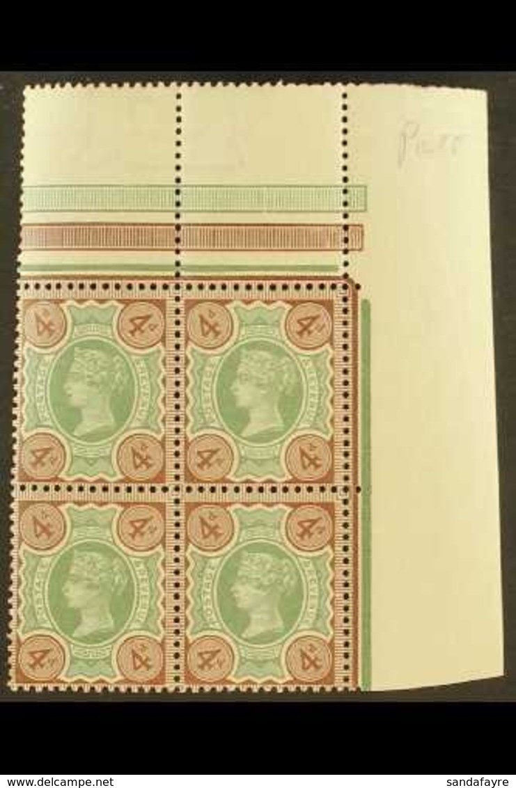 1887-92 4d Green & Purple-brown "Jubilee" Issue In A Corner Marginal BLOCK OF FOUR, SG 205, Never Hinged Mint. For More  - Other & Unclassified