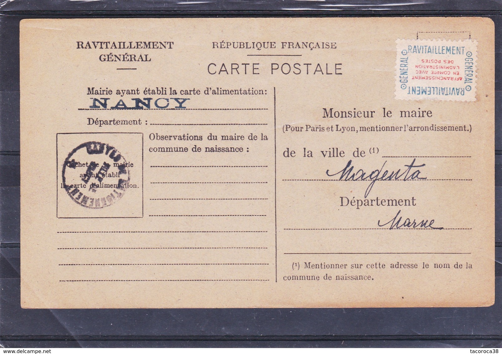 Cad : NANCY - Ravitaillement Général Avec Vignette N° 15A - Guerre 1939/1945 - A Voir : 2 Scans - Covers & Documents