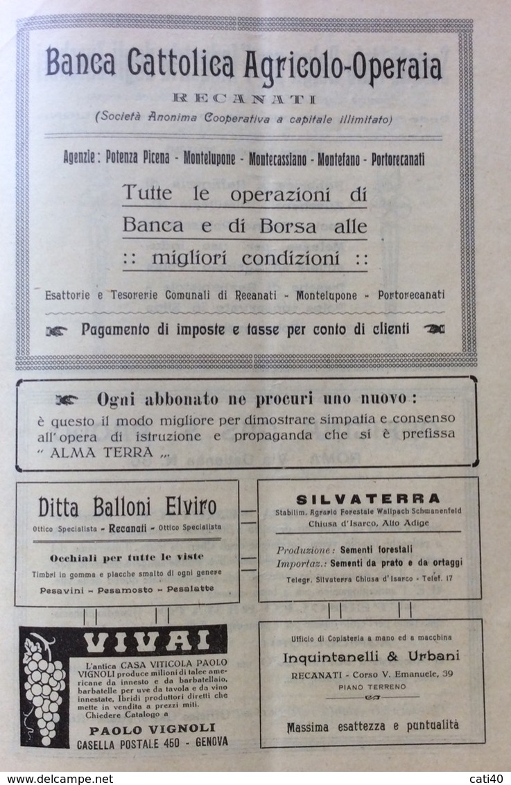 RECANATI 1923 ALMA TERRA con PUBBLICITA' DI JESI MACERATA RECANATI  ASCOLI OSIMO ANCONA PORTOCIVITANOVA  MONTEFANO ,ECC.