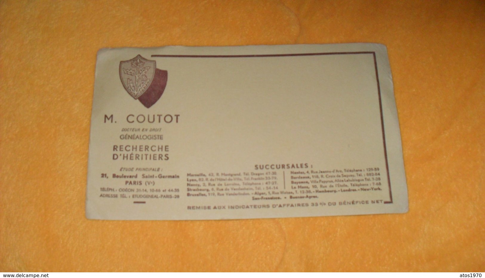 BUVARD ANCIEN M. COUTOT DOCTEUR EN DROIT GENEALOGISTE.. RECHERCHE D'HERITIERS ..PARIS Ve - G