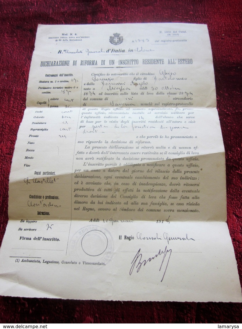 WW1-1918-DICHIARAZIONE DI REFORMA DI UN INSCRITTO RESIDENTE ALL' ESTERO CONSUL GENERAL ITALIE à TOULON Doc Ghiso Lorenzo - Documents