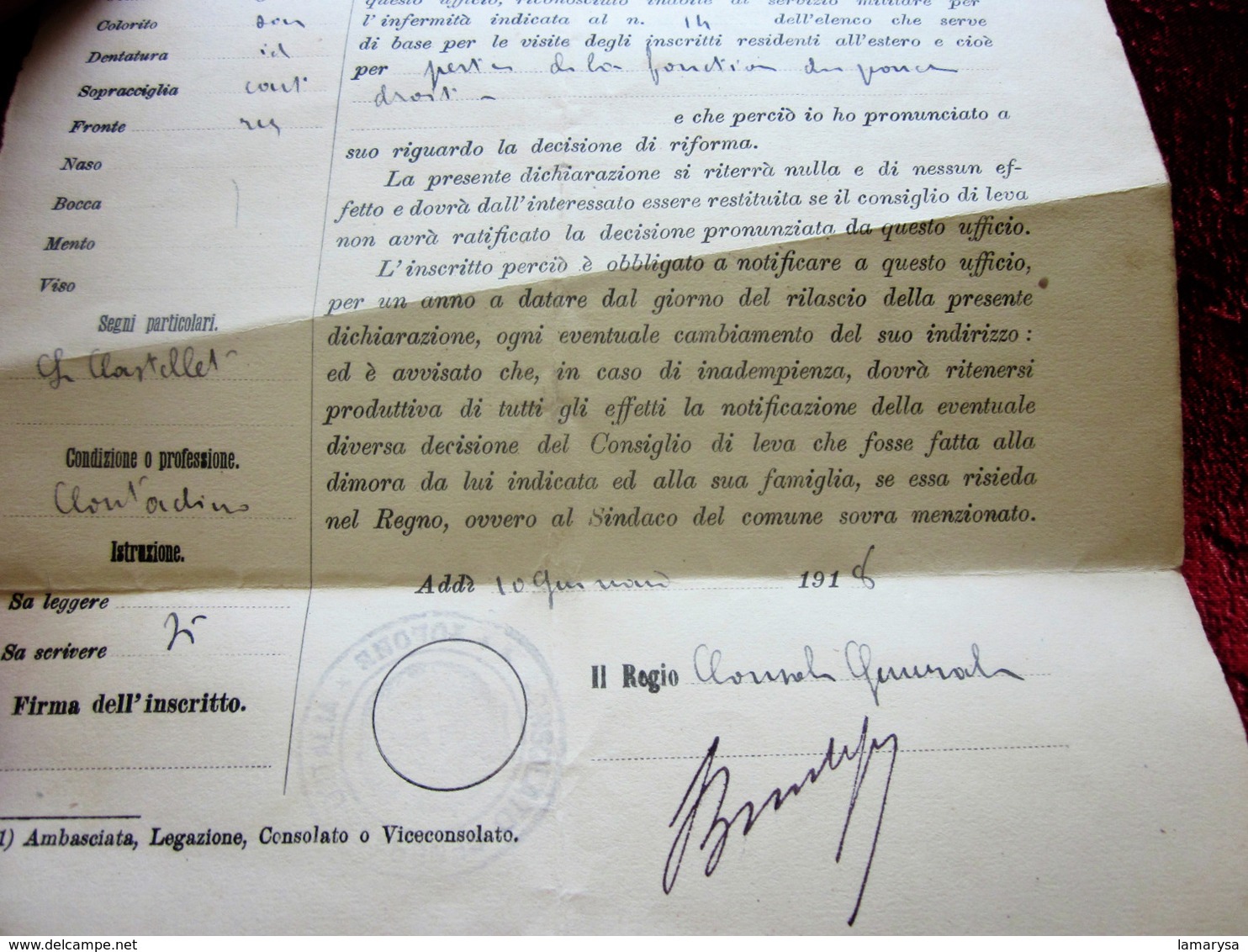 WW1-1918-DICHIARAZIONE DI REFORMA DI UN INSCRITTO RESIDENTE ALL' ESTERO CONSUL GENERAL ITALIE à TOULON Doc Ghiso Lorenzo - Documents