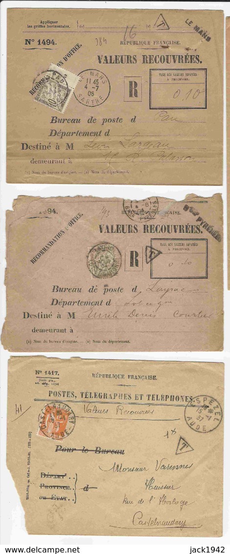8 Enveloppes (N° Divers) Retour De Valeurs Non Recouvrées, Taxées Avec Chiffres-taxe Duval Ou 1f Paix - 1859-1959 Cartas & Documentos