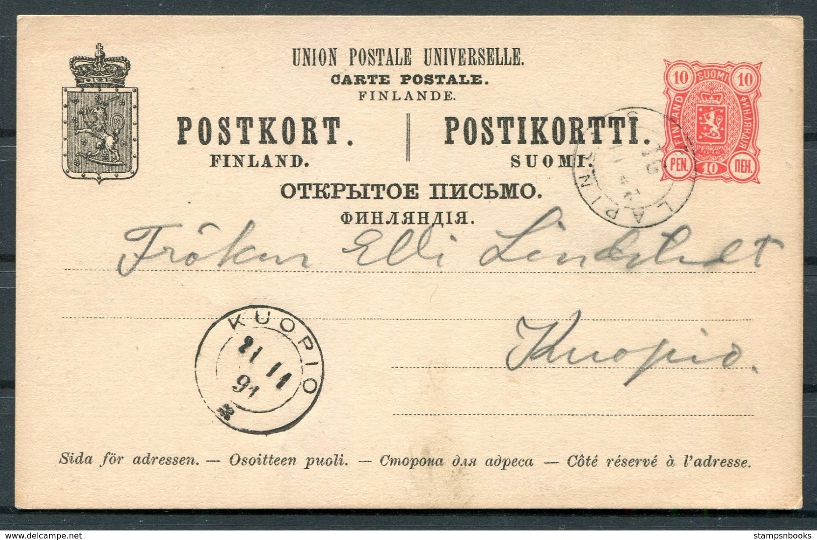 1891 Finland Stationery Postcard Lapinlaks - Kuopio - Covers & Documents