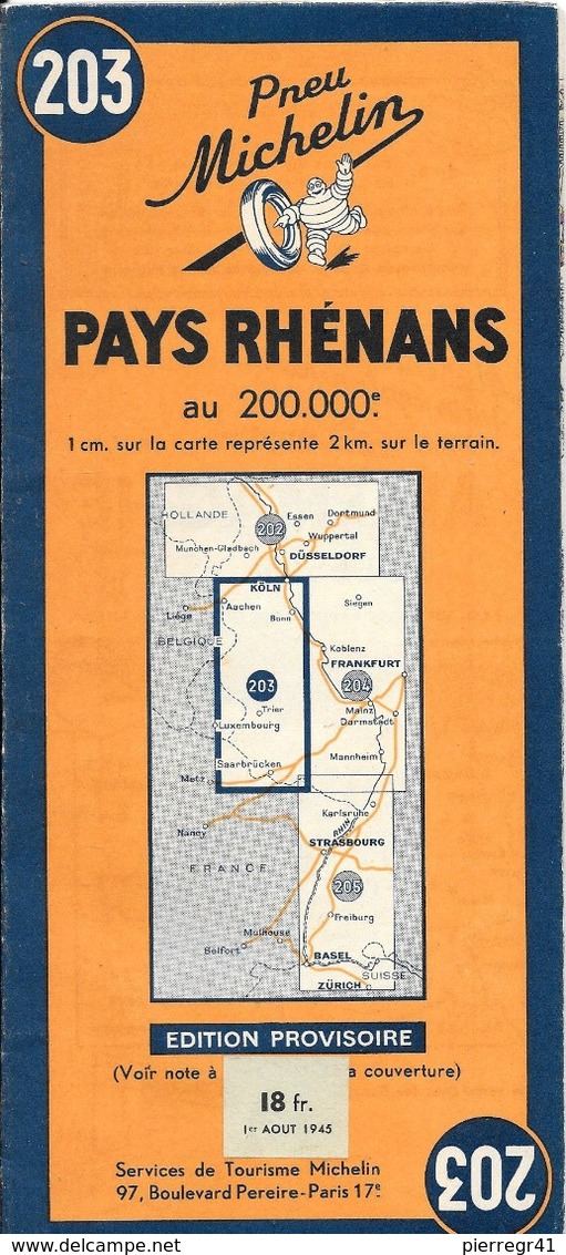 CARTE-ROUTIERE-ALLEMAGNE-MICHELIN-N°203-1945-1é Edition Provisoire-PAYS RHENANS-TBE - Cartes Routières