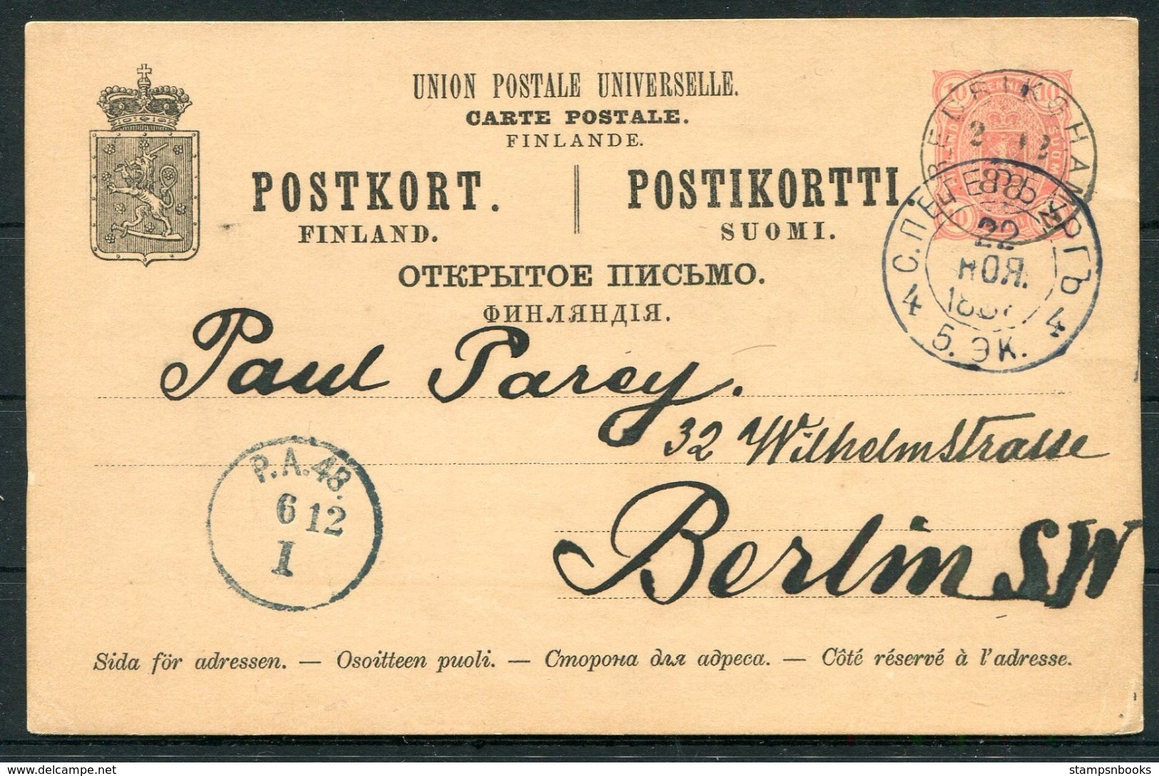 1888 Finland Stationery Postcard. Frederikshavn - Berlin Via St Petersburg - Covers & Documents