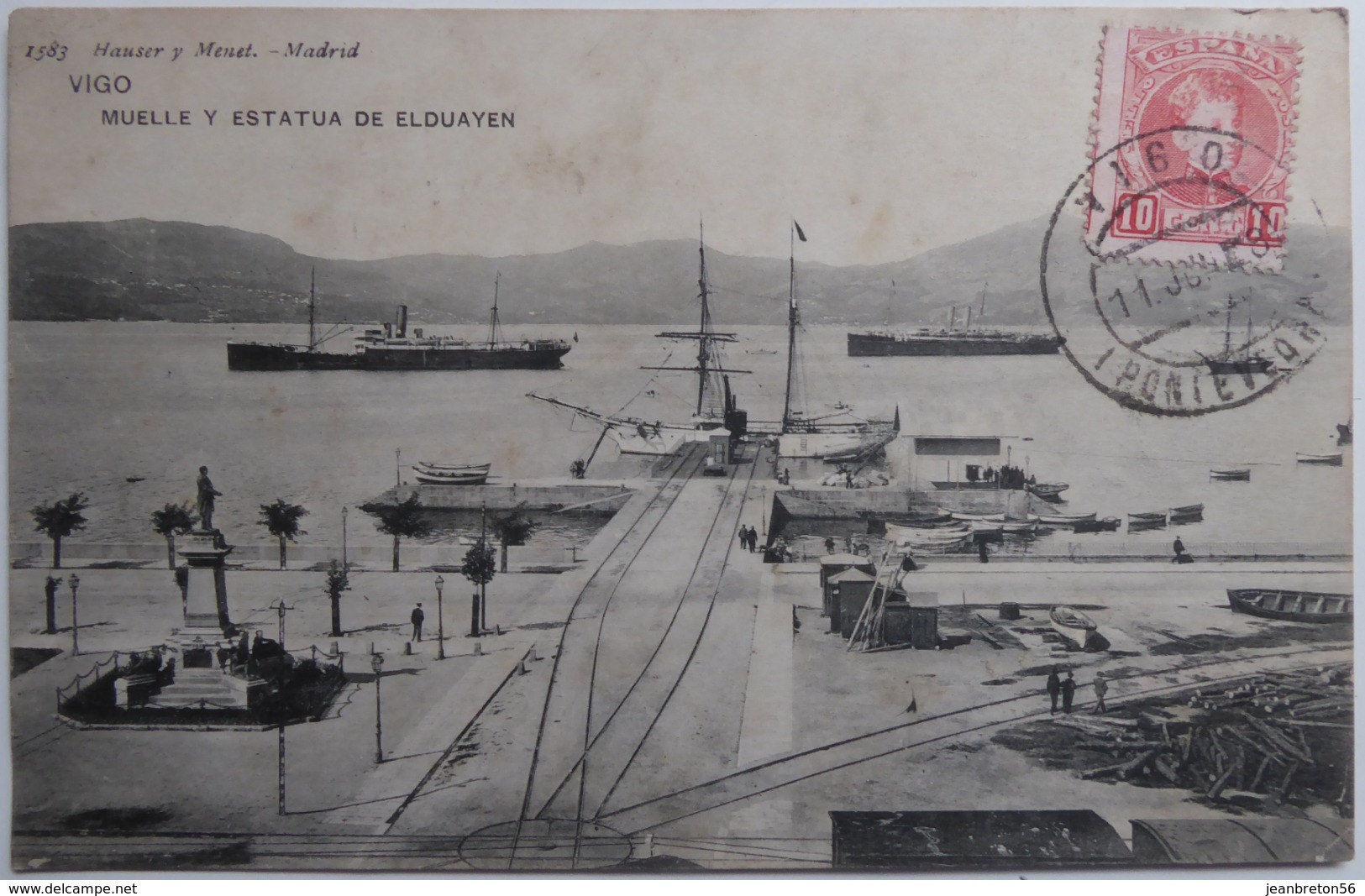 VIGO - MUELLE Y ESTATUA DE ELDUAYEN - CPA 1908 - Pontevedra