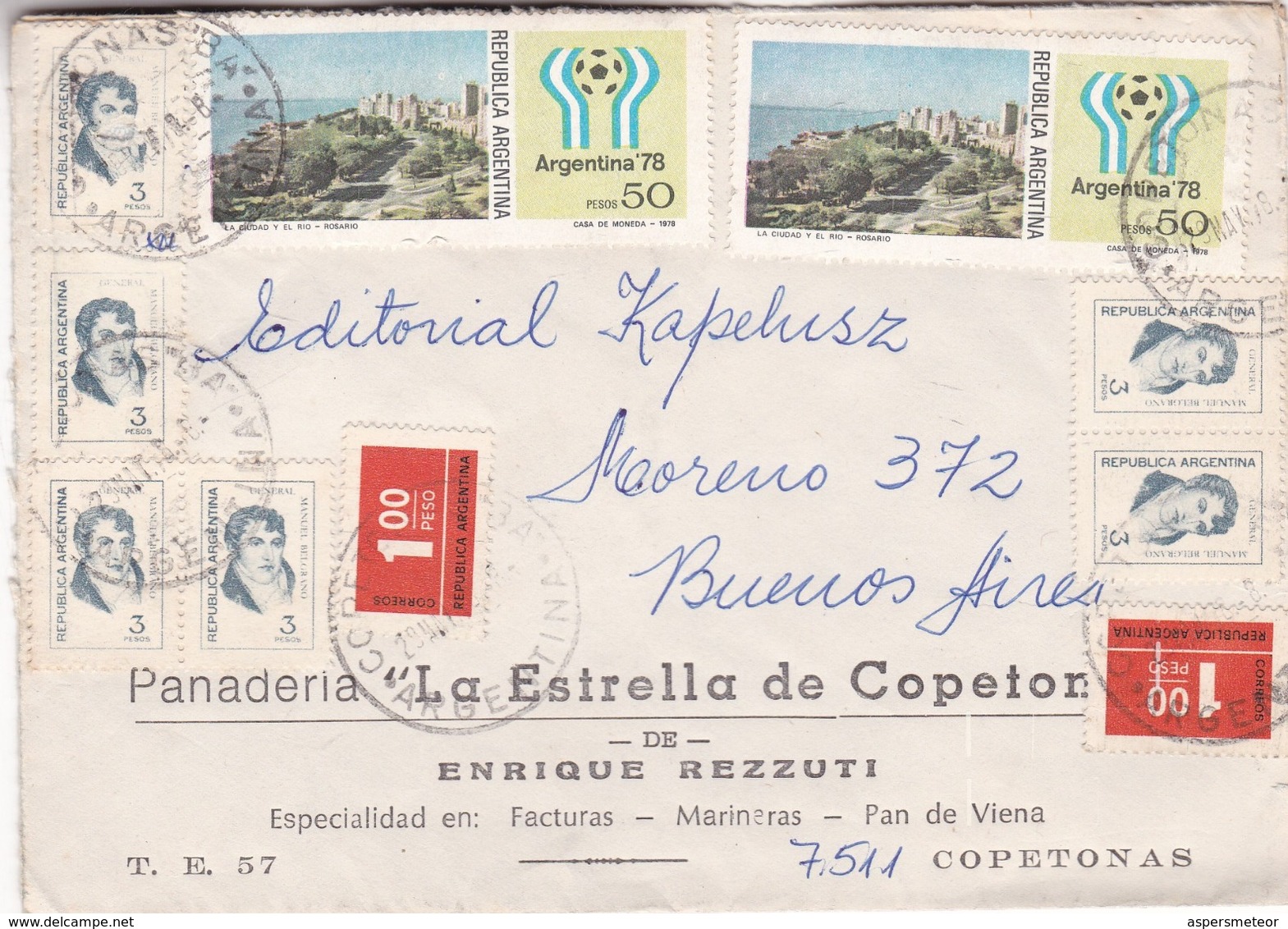1978 ARGENTINE COMMERCIAL COVER-PANADERIA LA ESTRELLA DE COPETONA. CIRCULEE TO BUENOS AIRES, MIXED STAMPS- BLEUP - Lettres & Documents