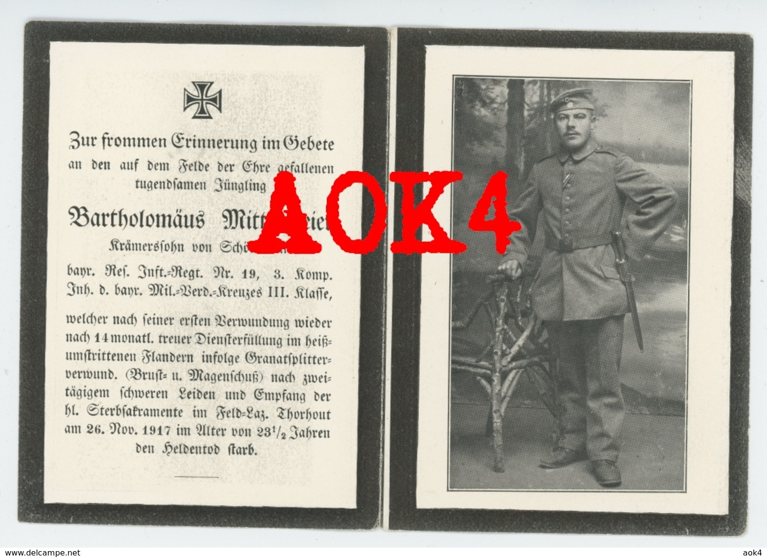 Sterbebild Doodsprentje Klerken Houthulst 1917 Feldlazarett 354 Torhout Hooglede Flandern Mittermeier Schönbrunn - 1914-18