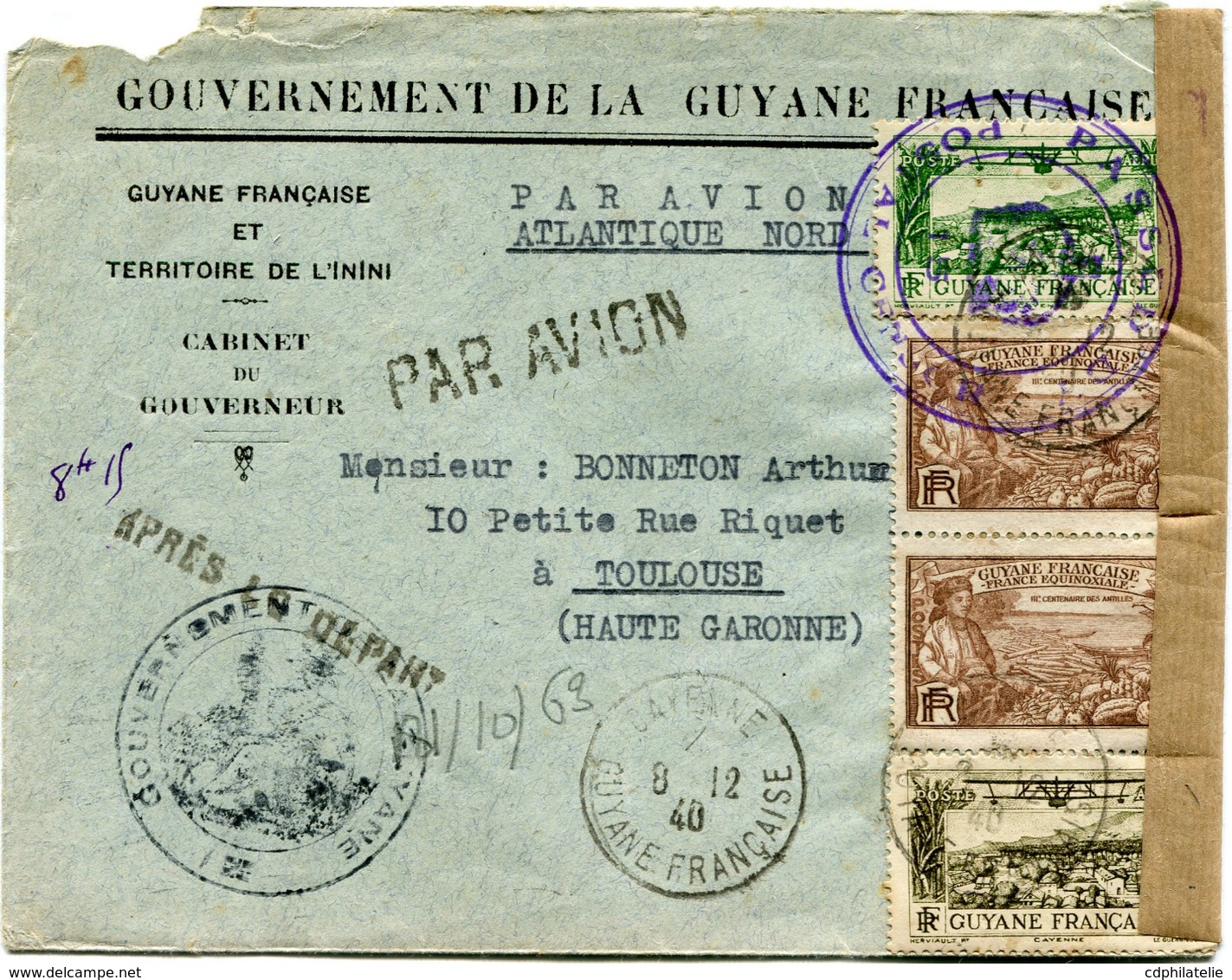 GUYANE LETTRE PAR AVION CENSUREE DEPART CAYENNE 8-12-40 GUYANE FRANCAISE POUR LA FRANCE - Cartas & Documentos