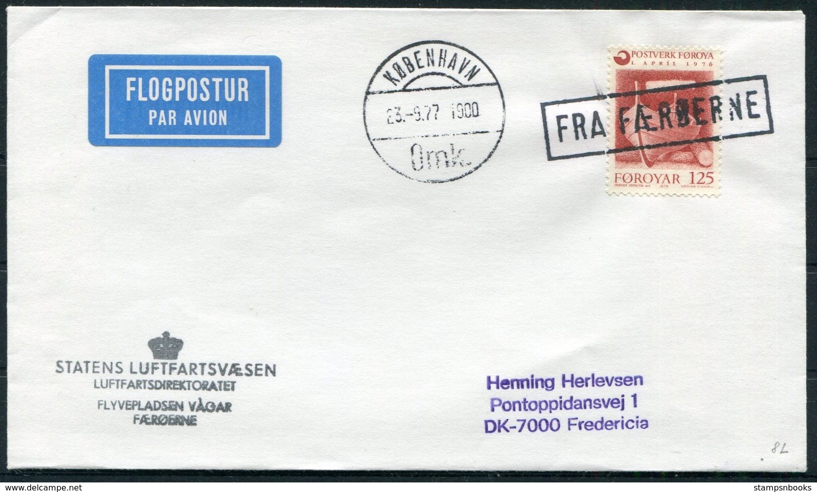 1977 Faroes Airmail Flight Paquebot FRA FAEROERNE Copenhagen Cover. Statens Luftfartsvaesen Vagar Sorvag. Slania - Faroe Islands