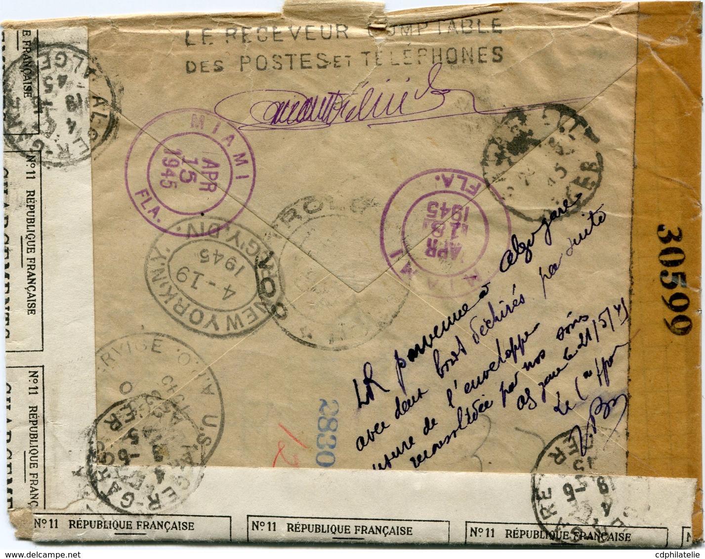 GUYANE LETTRE RECOMMANDEE PAR AVION CENSUREE DEPART CAYENNE 11-4-45 REPAREE A L'ARRIVEE A  ALGER-GARE LE 10-5-45 ALGER - Lettres & Documents