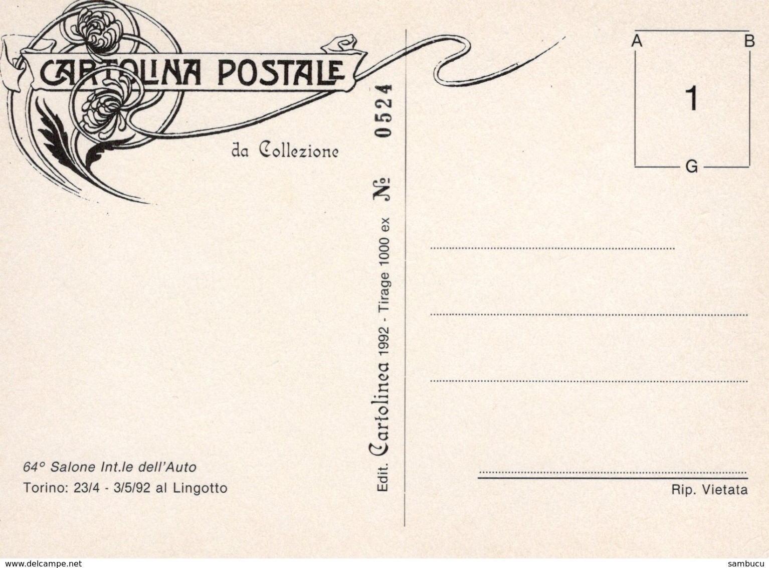 Salone Int. Dell'Auto Torino 23.4. - 3.5. 1992 Cartolina Postale No. 0524/1000 Autosalon Turin - PKW