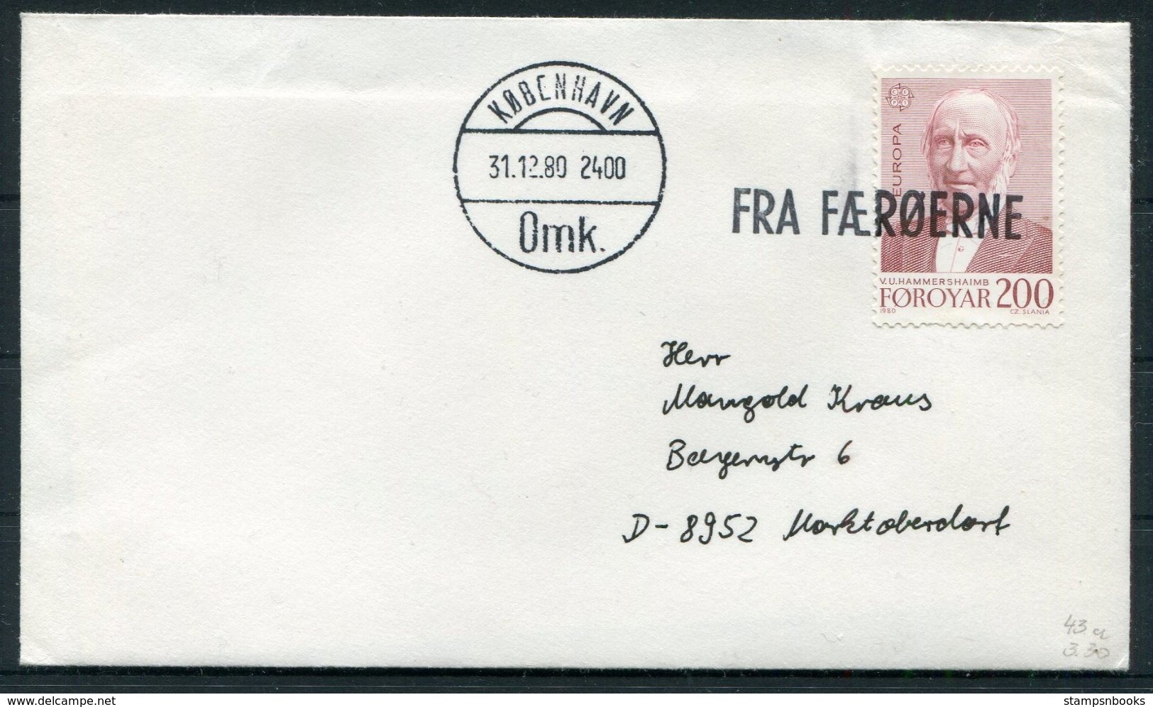 1980 Faroe Islands / Denmark FRA FAEROERNE Cover - Copenhagen. Slania Europa - Faroe Islands