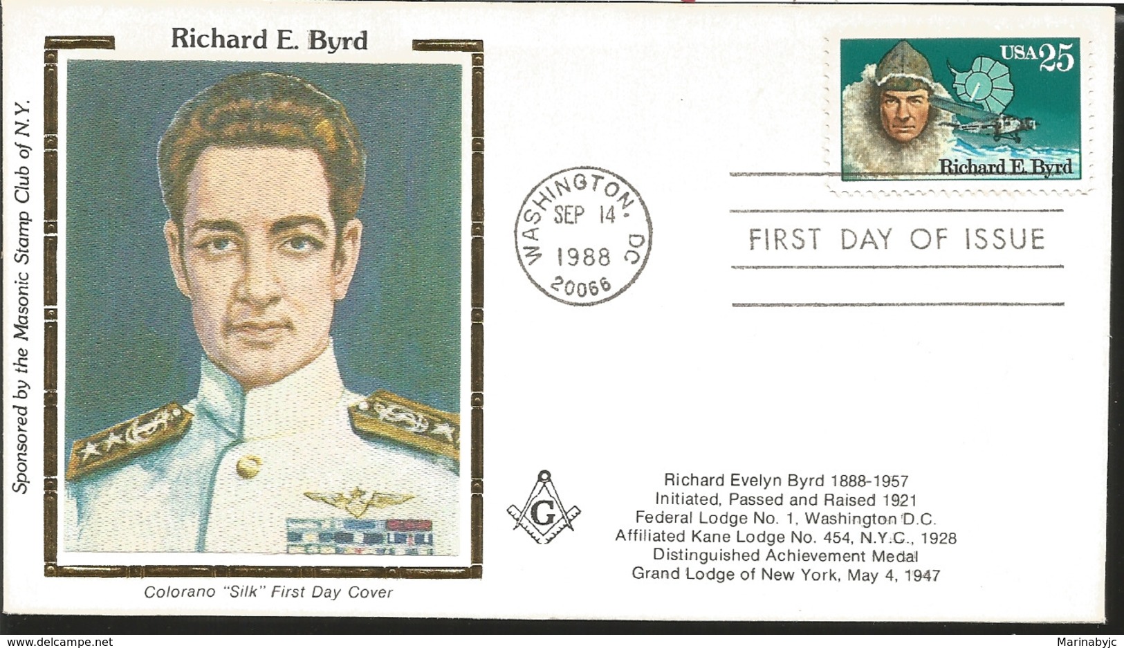 J) 1988 UNITED STATES, RICHARD E BYRD, SPONSORED BY THE MASONIC STAM CLUB OF NY, RICHARD EVELYN BYRD 1888-1957, INITIATE - Altri & Non Classificati