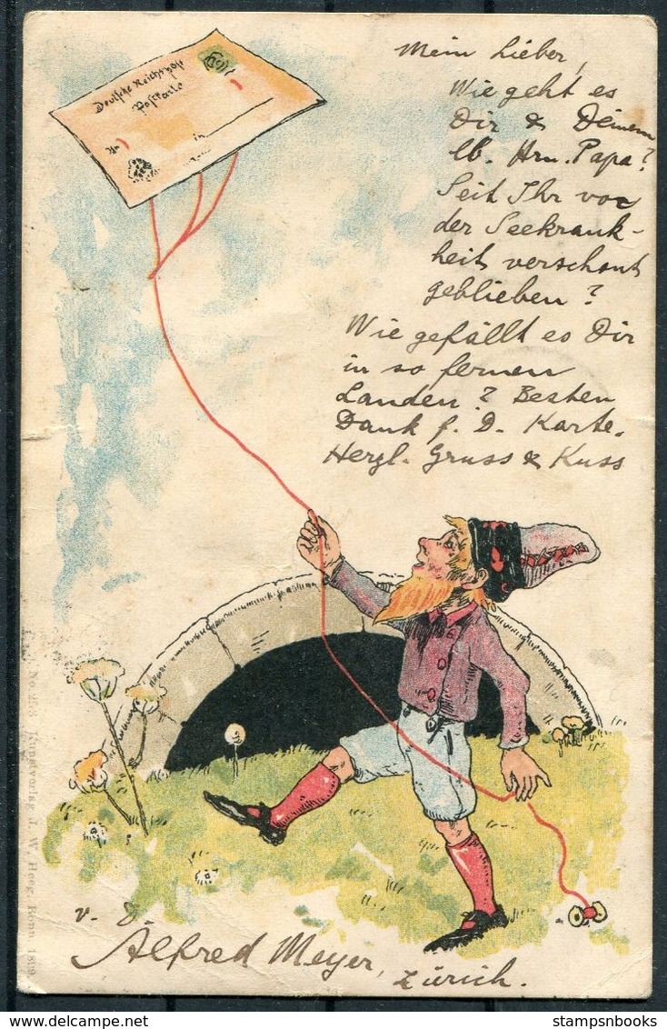1901 JW Heeg, Bonn, Kite Stamp Letter Comic Postcard. Zurich - India. Bombay Calcutta Redirected Sea Post Office - Briefe U. Dokumente