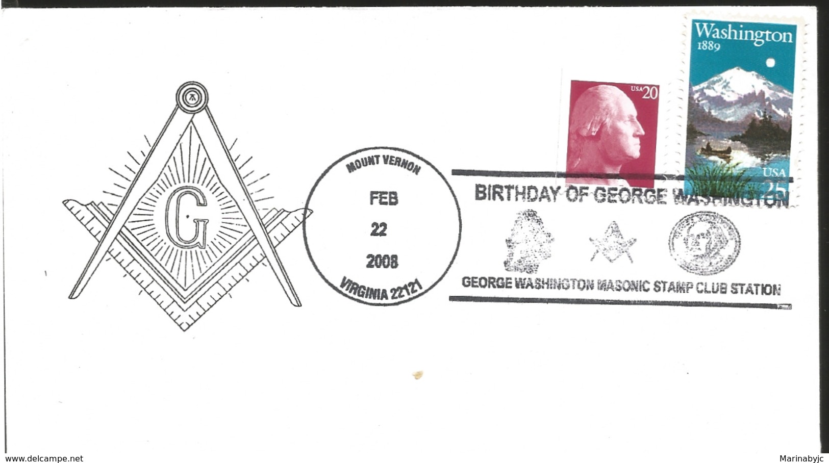 J) 2008 UNITED STATES, BIRTHDAY OF GEORGE WASHINGTON MASONIC STAM CLUB STATION, MOUNTAIN, MULTIPLE STAMPS, FDC - Autres & Non Classés